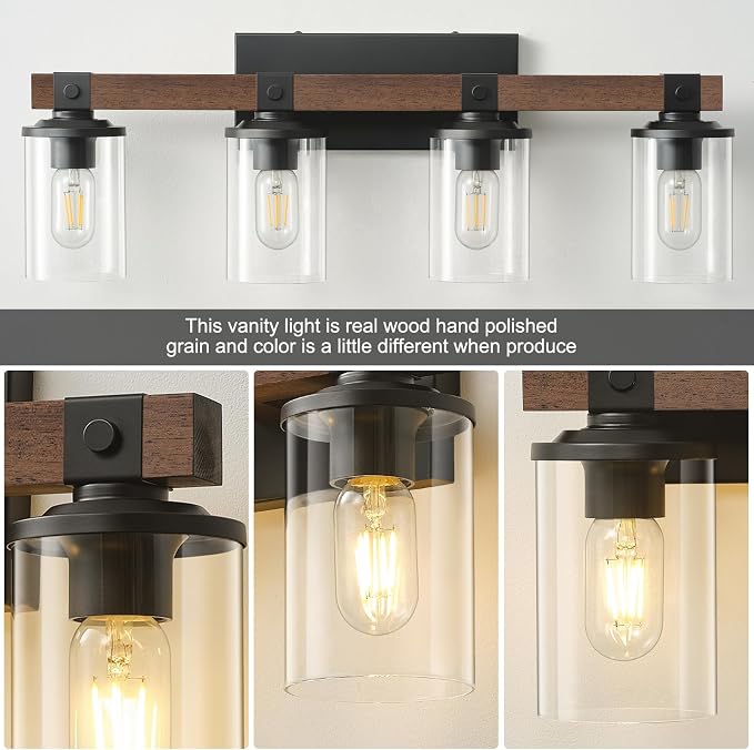Bathroom Vanity Light Fixtures 4 lights, Wooden Farmhouse Vanity Lights Rustic - Image 4