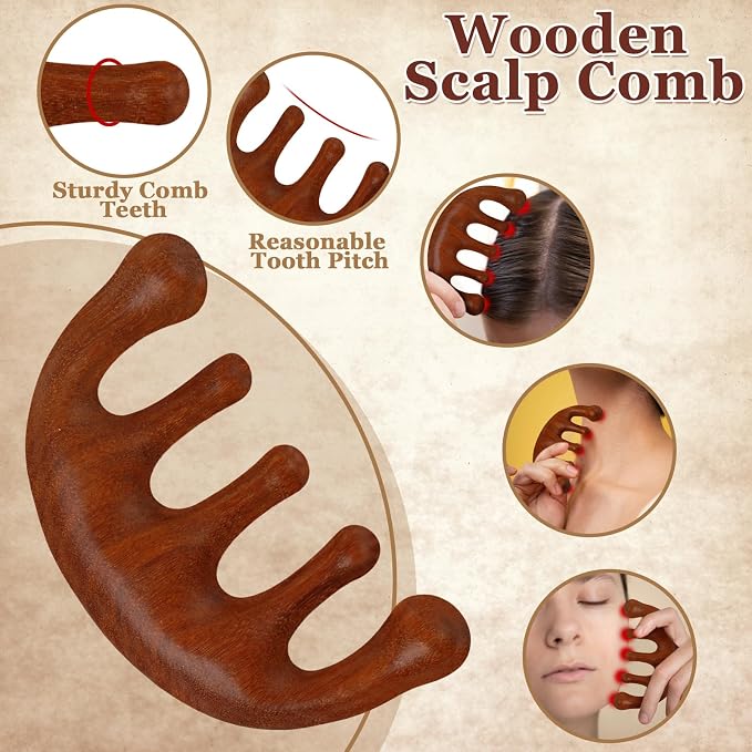 ProSuites 3 Pack Scalp Massager Hair Growth, Wooden Gua Sha Head Massage Tool - Image 3