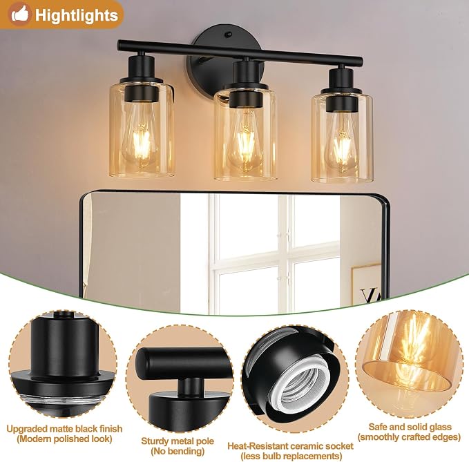 Zarbitta 3-Light Bathroom Light Fixtures, Bathroom Wall Lamp - Image 4