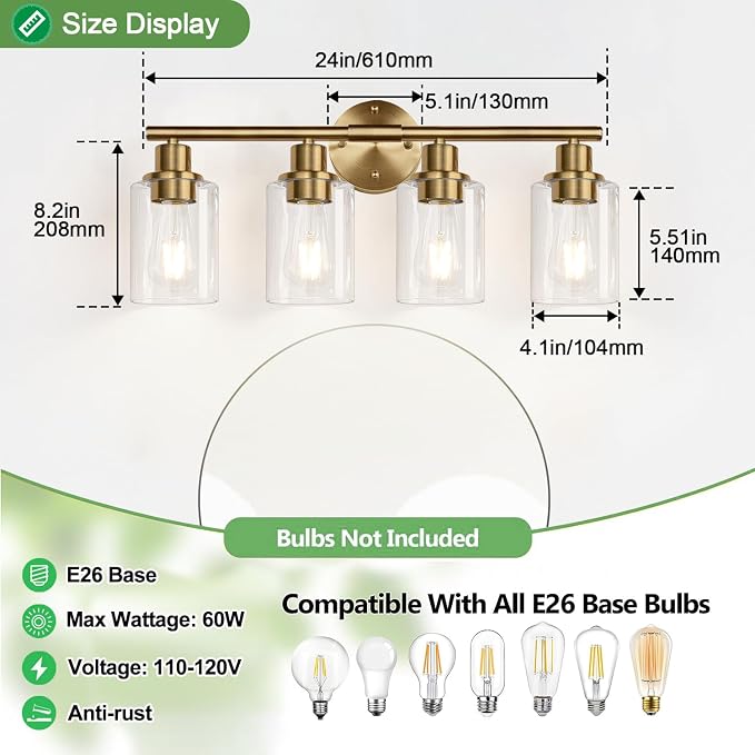 Zarbitta 4-Light Bathroom Light Fixtures, Brushed Brass Modern Vanity Lights - Image 7