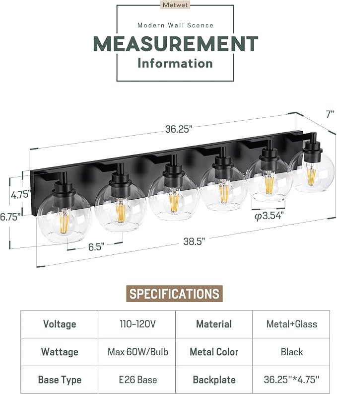 Bathroom Light Fixtures, 6 Light Matte Black Vanity Light, 38 Inch Modern Wall - Image 2