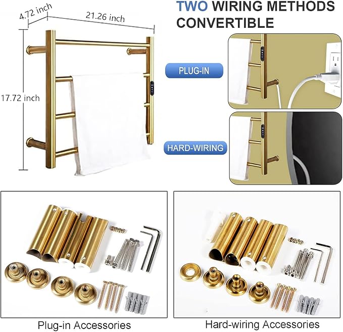 Heated Towel Rack Gold, 4 Bars Towel Warmer Rack - Image 5