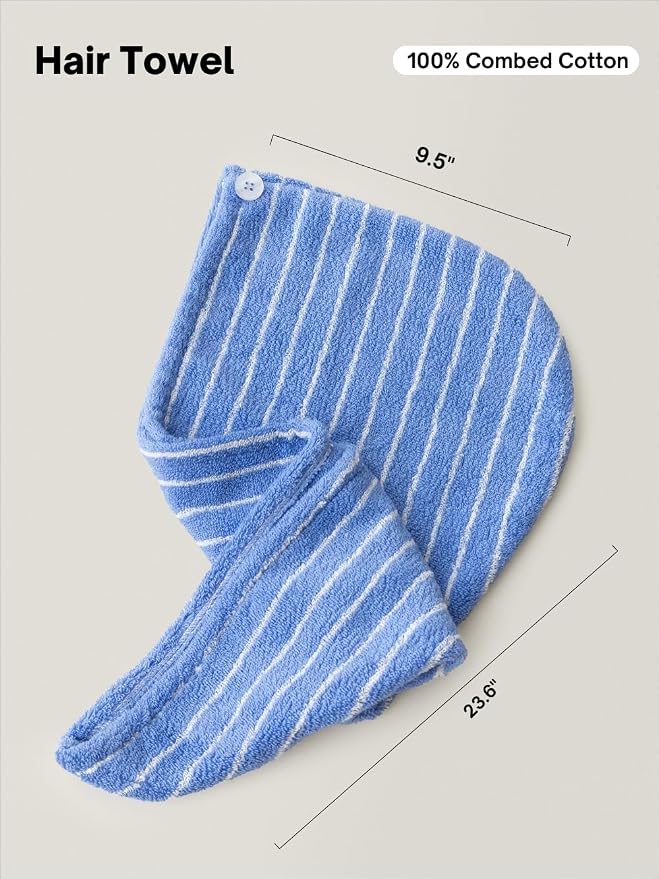 WENSHUO Azure Holiday-Striped Hair Towel Wrap-Drying Tool, 100% Combed Cotton - Image 2
