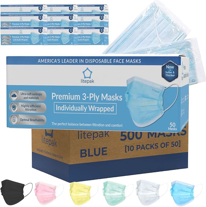 Litepak 500pcs Premium Disposable Face Mask SOFT 3ply Nose Wire by Litepak