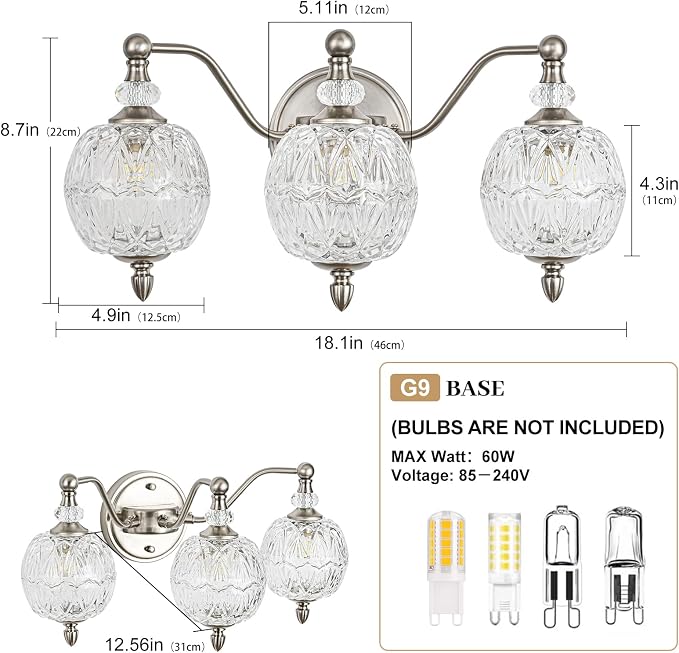 Brushed Nickel Bathroom Vanity Light, 3-Light Mid Century Modern Brushed Nickel - Image 6