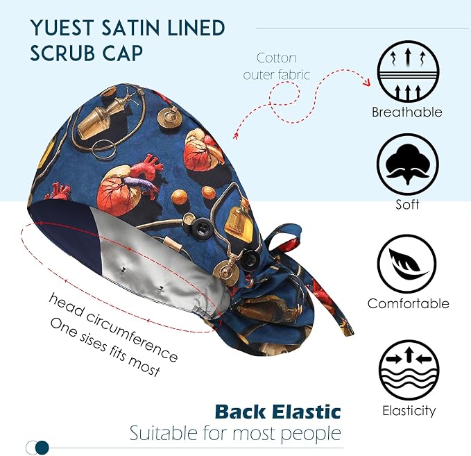 Satin Lined Scrub Caps with Buttons & Sweathand, Surgical Caps - Image 2