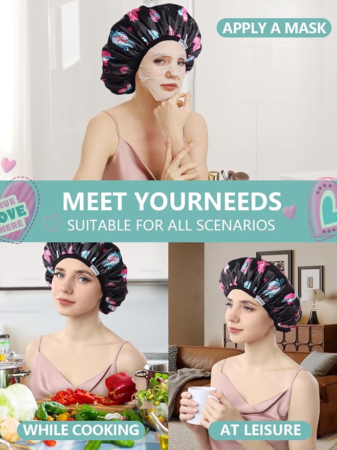 Years calm Terry Lined Shower Cap, Triple Layer Heart Motifs, Waterproof - Image 9
