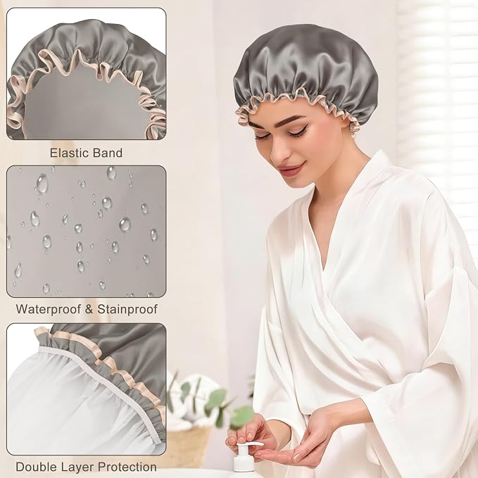 Waterproof Shower Caps for Women, Solid Color Dual-Layer Elastic Band Design - Image 4