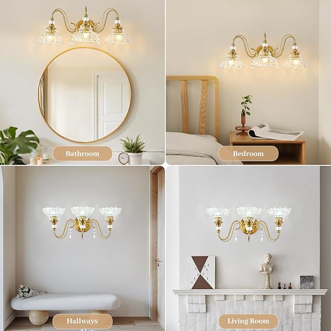 Vintage Bathroom Vanity Light, 3-Light Brushed Gold Finish Wall Sconce - Image 5