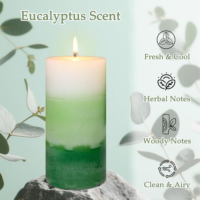 Pillar Candles 3x6 Inch Eucalyptus Scented Hand-Poured 3-Layers Green Gradient - Image 2