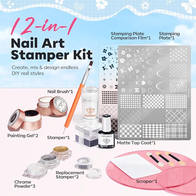 Modelones 16PCS Plaid Nail Stamping Kit – French Tip Stamper White Black - Image 6