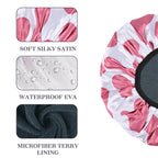 Hot Pink Cow Print Satin Shower Cap, Three-Layer Terry Cloth Lined, - Image 3