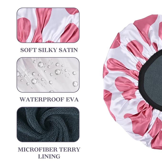 Hot Pink Cow Print Satin Shower Cap, Three-Layer Terry Cloth Lined, - Image 3
