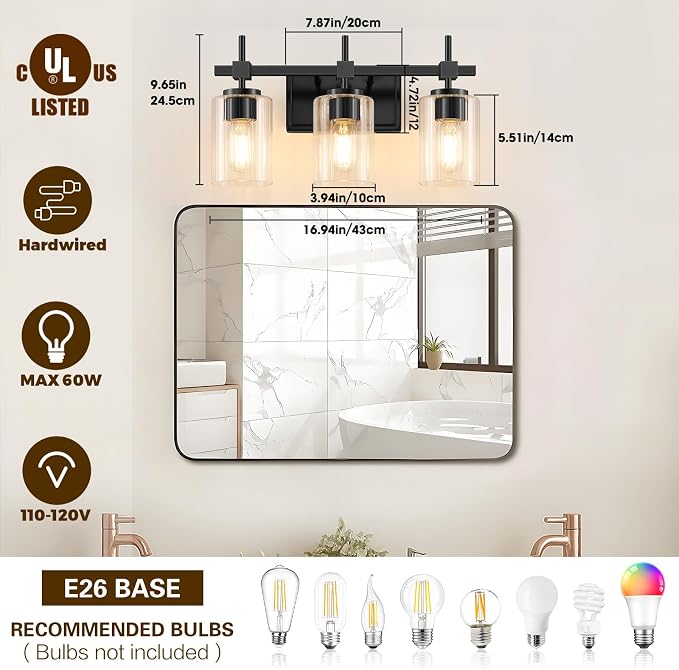 Asnxcju 3-Light Matte Black Vanity Light - Image 2