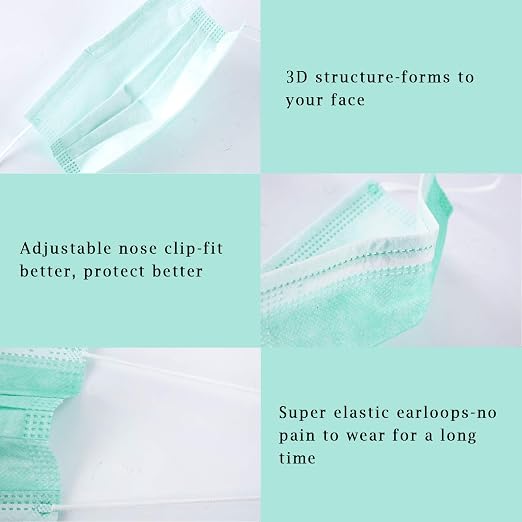 Borje Green Disposable Face Mask 100 Pcs Green Face Masks 3 Ply Protection Masks - Image 3