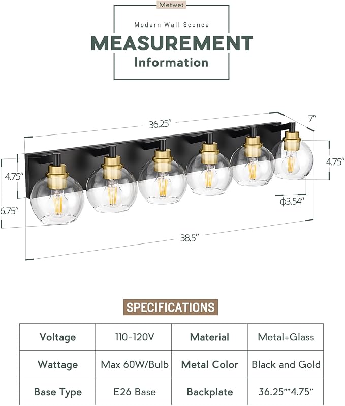 Bathroom Light Fixtures, 6-Light Black and Gold Bathroom Vanity Light, 38 Inch - Image 3