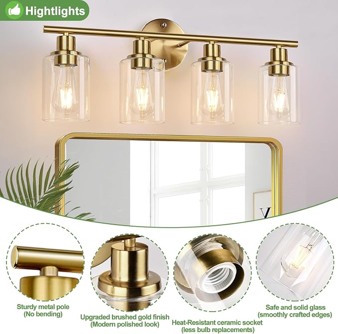 4-Light Bathroom Light Fixtures, Brushed Gold Modern Vanity Lights Over Mirror - Image 4