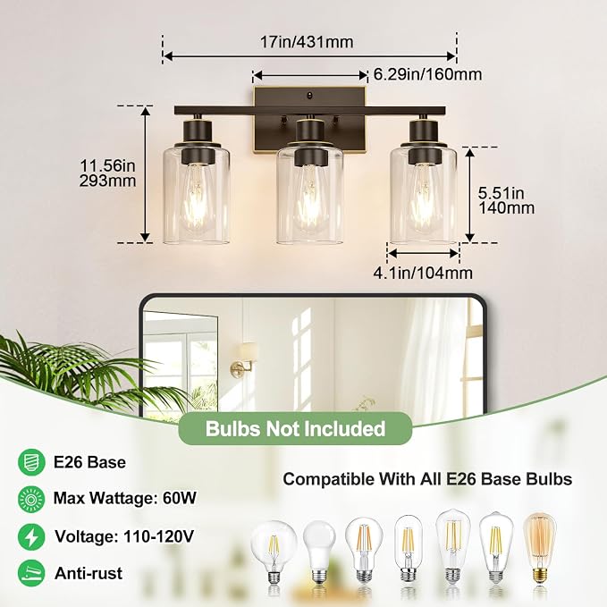 Indoi 3 Light Bathroom Light Fixtures, Oil-Rubbed Bronze Modern Vanity Lights - Image 8