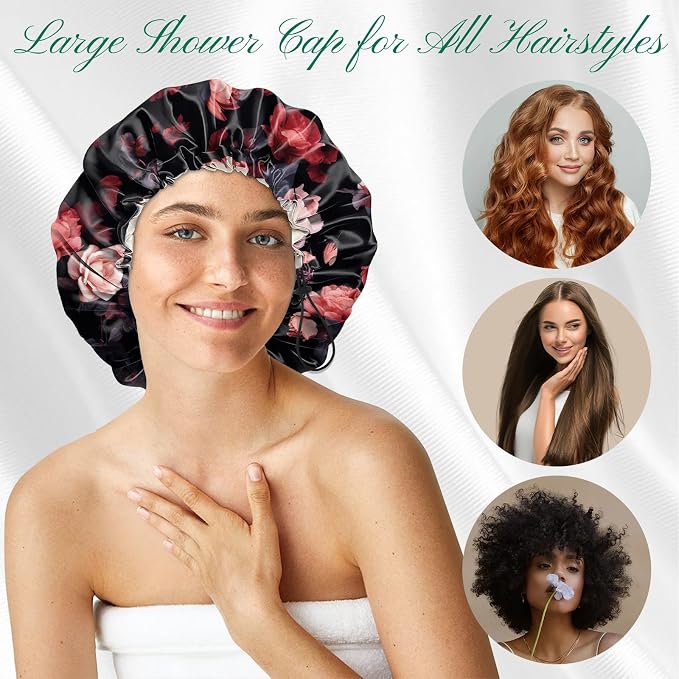 2 PCS Shower Cap Waterproof Double Layer Elastic Adjustable Reusable Hair Bath - Image 4