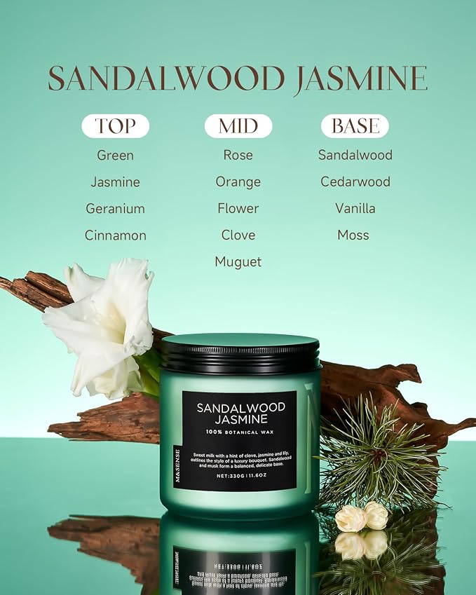 M&SENSE Sandalwood Jasmine Home Scented Candles, 11.6oz Organic Natural Soy Wax - Image 2