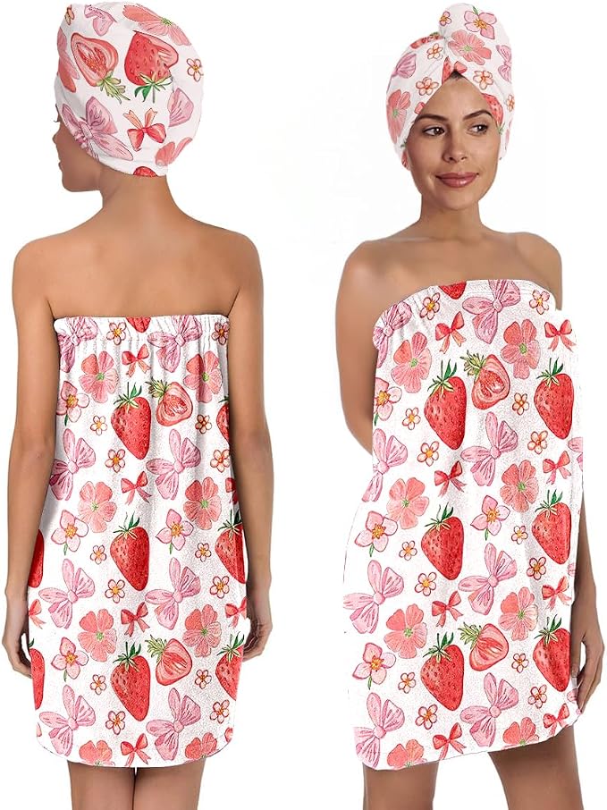 Women’s Strawberry & Bow Bath Wrap Set by QIULIBMH