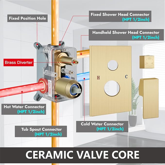 Midanya Shower System with Tub Spout, Bathtub Shower Faucet Set with Square - Image 6