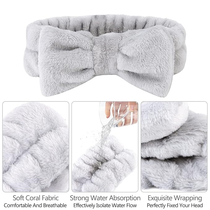 Casoty 6 Pcs Grey Spa Headband, Bow Hair Band, Soft Coral Fleece Makeup Headband - Image 3