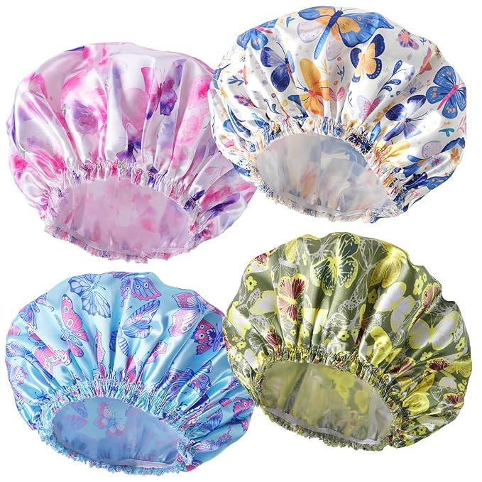 4 PCS Shower Cap for Women, Elastic and Reusable Bath Caps, Double Layers by CHFONGDIRECT