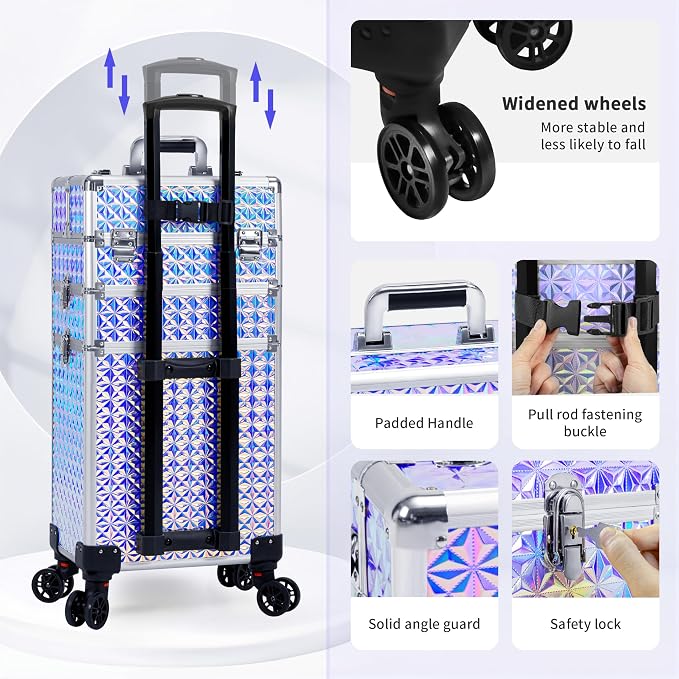 3 in 1 Rolling Makeup Train Case Professional Large Cosmetic Trolley - Image 4