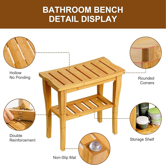 Greenual Bamboo Shower Bench 2-Tier Spa Shower Stool - Image 5