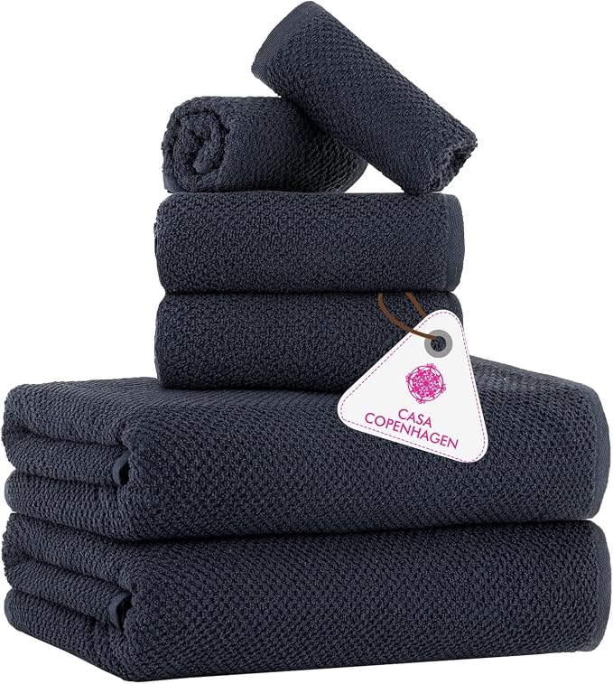 CASA COPENHAGEN Popcorn Textured 6 Pieces Towel Set- Navy Blue, 550 GSM 2 Bath by CASACOPENHAGEN
