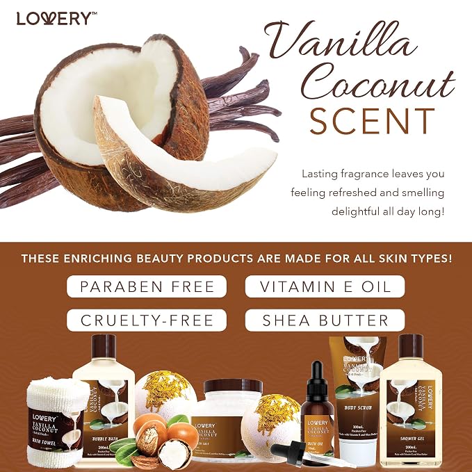Gifts For Women Gift Basket for Women– 9 Piece Set of Vanilla Coconut Home Spa - Image 4