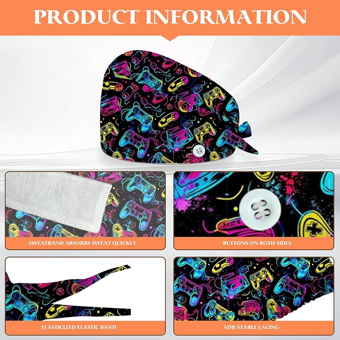 Adjustable Scrub Cap with Buttons & Sweatband, Working Hat with Elastic Tie Back - Image 2