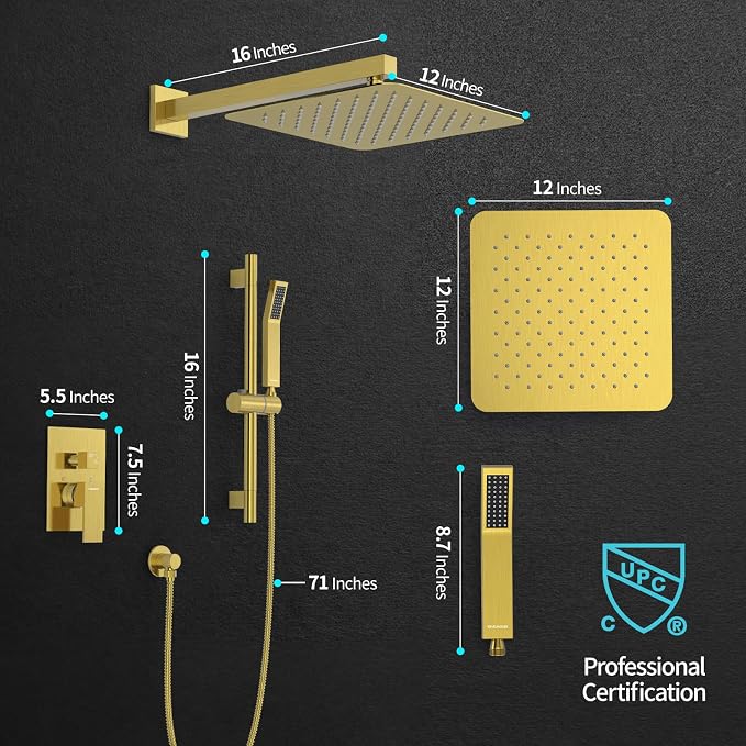 SR SUN RISE 12 Inch Brushed Gold Shower Faucet Set, Wall-Mount Adjustable - Image 5