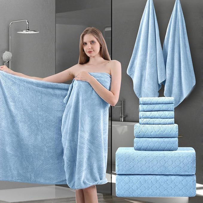 8-Piece Blue Bath Towels Set, 2 Oversized Large Bath Towels Sheet, 2 Hand by Ycosy