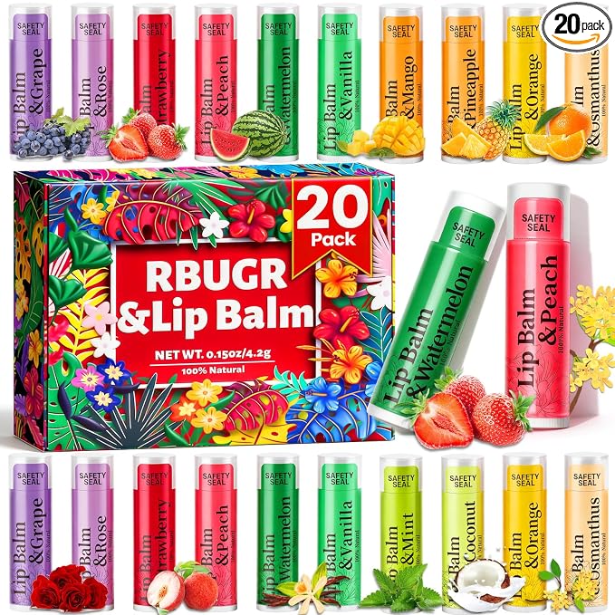 RBUGR 20 Pack Lip Balm Bulk- 12 Flavored Lip Balm Set Natural Moisturizing by RBUGR