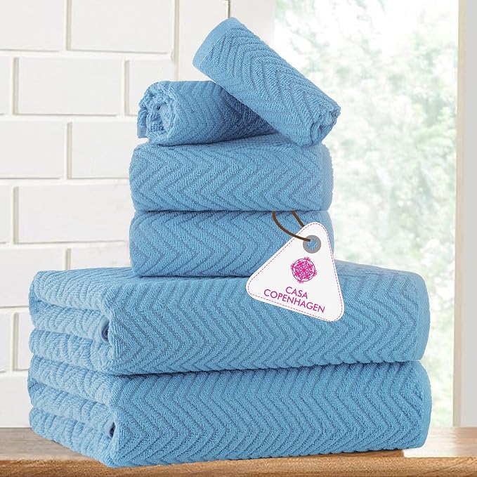 CASA COPENHAGEN Wave Textured 6 Pieces Towel Set- Dusty Blue, 550 GSM 2 Bath - Image 2