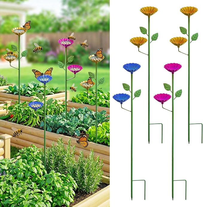 Bee Watering Station for Garden 4 Pack, Metal Double-Flower Bee Bath Garden by StainedGlassSuncatcher