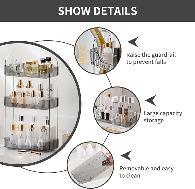 Akinbas 3 Tier Bathroom Organizer Countertop Makeup Perfume Tray Skincare - Image 6