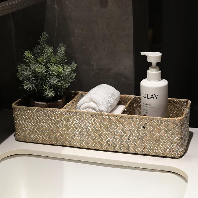 Seagrass Storage Basket 3 Sections Woven Shelf Baskets - Image 5
