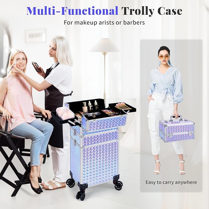 3 in 1 Rolling Makeup Train Case Professional Large Cosmetic Trolley - Image 5