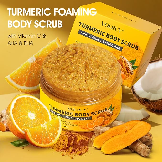 VOERUY Turmeric Body Scrub, 10% AHA/BHA & Vitamin C Exfoliating Body Scrub - Image 7