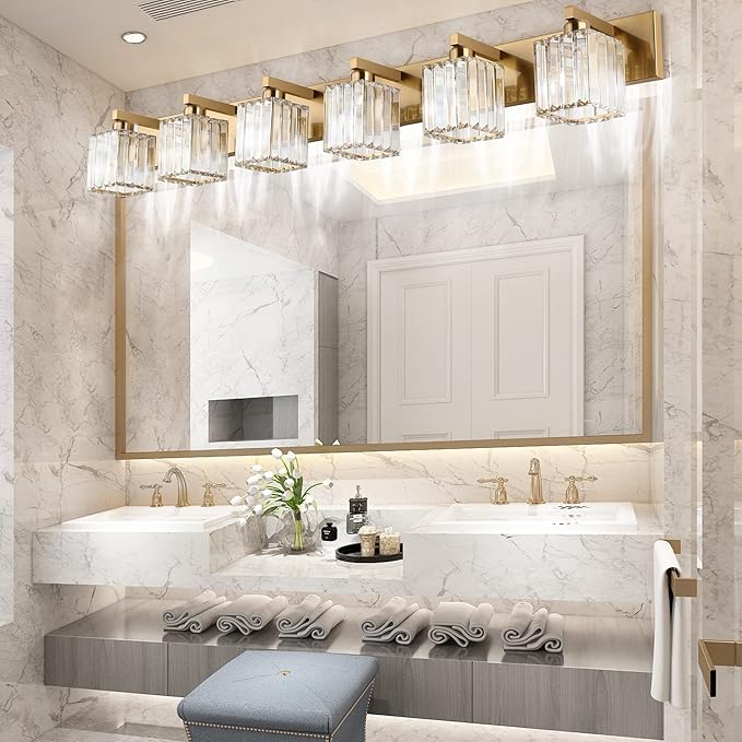 Aipsun Bathroom Vanity Light Brass Crystal Vanity Lighting Fixtures 6 Light - Image 4