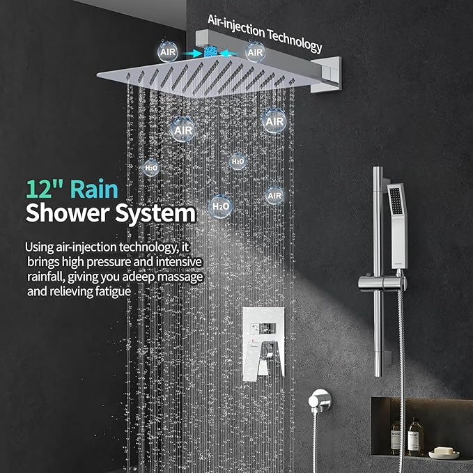 SR SUN RISE 12 Inch Slide Bar Shower System, Square Rain Shower Head and - Image 2