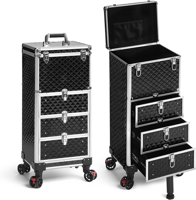 Rolling Makeup Train Case with 3 Drawers, Nail Trolley Cart Salon Station - Image 9