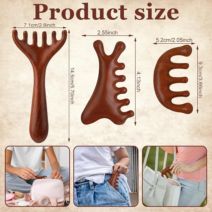 ProSuites 3 Pack Scalp Massager Hair Growth, Wooden Gua Sha Head Massage Tool - Image 2