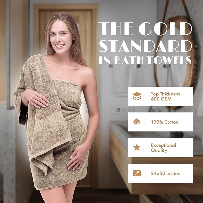 White Classic Wealuxe Taupe Bath Towels 24x50 Inch, Cotton Towel Set - Image 2