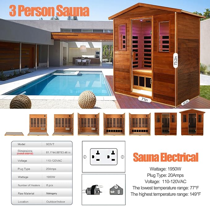 Full Spectrum Sauna, 0-5mG Ultra Low EMF Infrared Sauna 3 Person Outdoor Sauna - Image 6