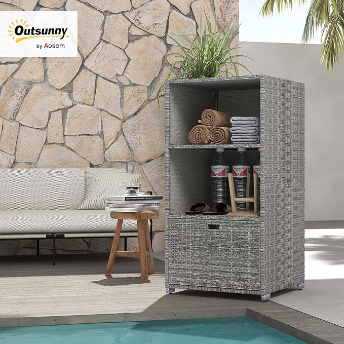 Outsunny Valet Pool Towel Rack, Waterproof PE Plastic Rattan Wicker Storage - Image 2