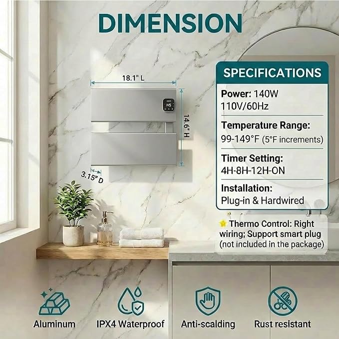Electric Towel Warmer, Heated Towel Rack - Image 6